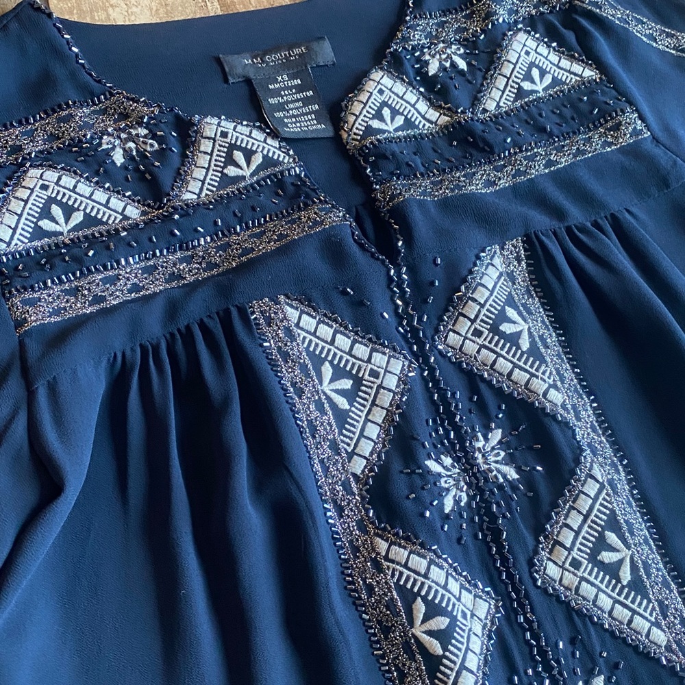 MM Couture Navy Embroidered Split V-Neck Tunic - Picture 7 of 12